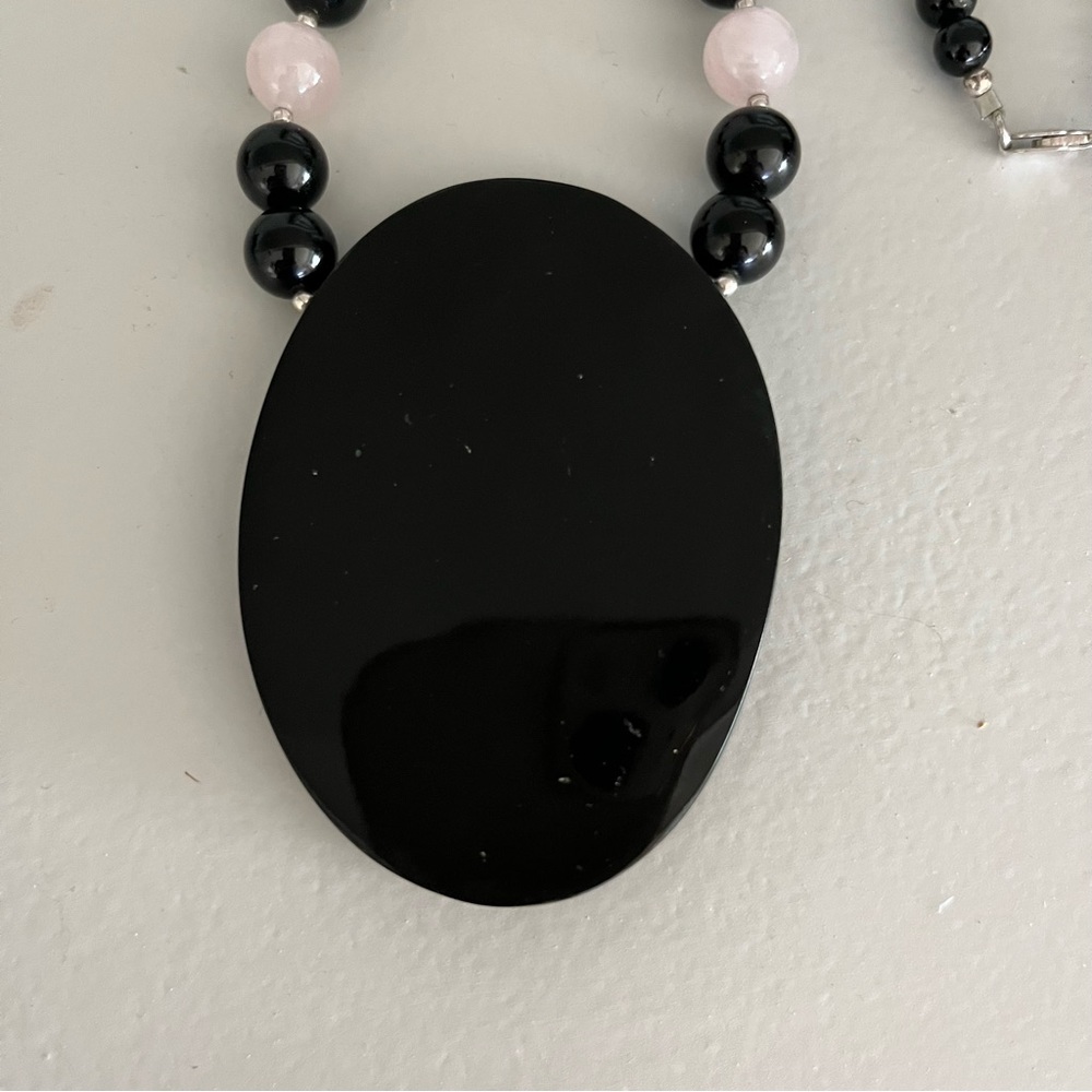 VTG Sterling 925 MOP Inlay Pink Jade BLK Onyx Agate Bead Designer Necklace - Picture 7 of 12